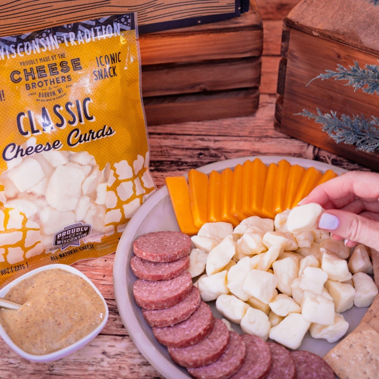 classic wisconsin cheese curds displayed on charcuterie board served with mustard