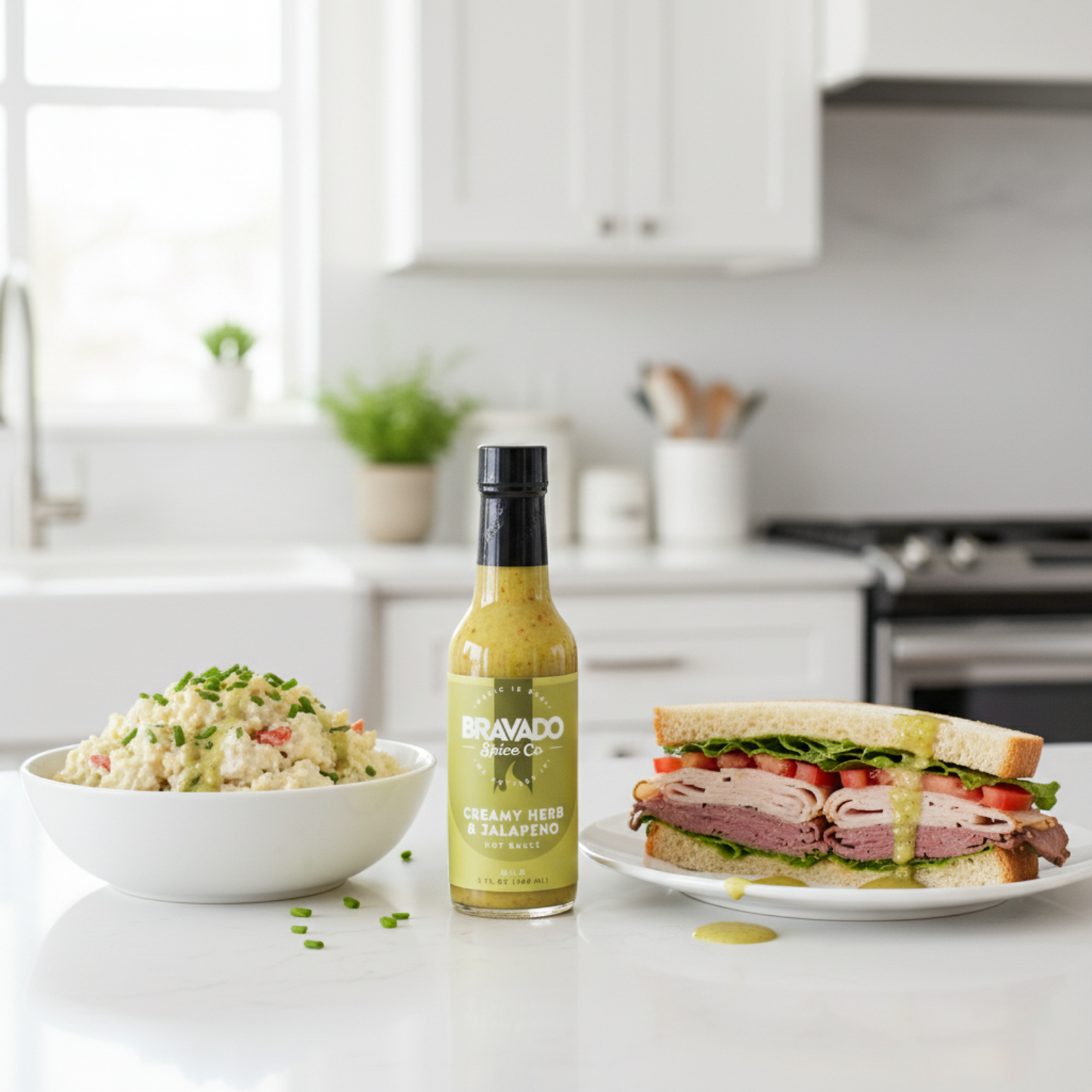 Creamy Herb & Jalapeño Hot Sauce bottle on a white kitchen counter beside a bowl of potato salad and a plate with a deli meat sandwich drizzled with hot sauce.