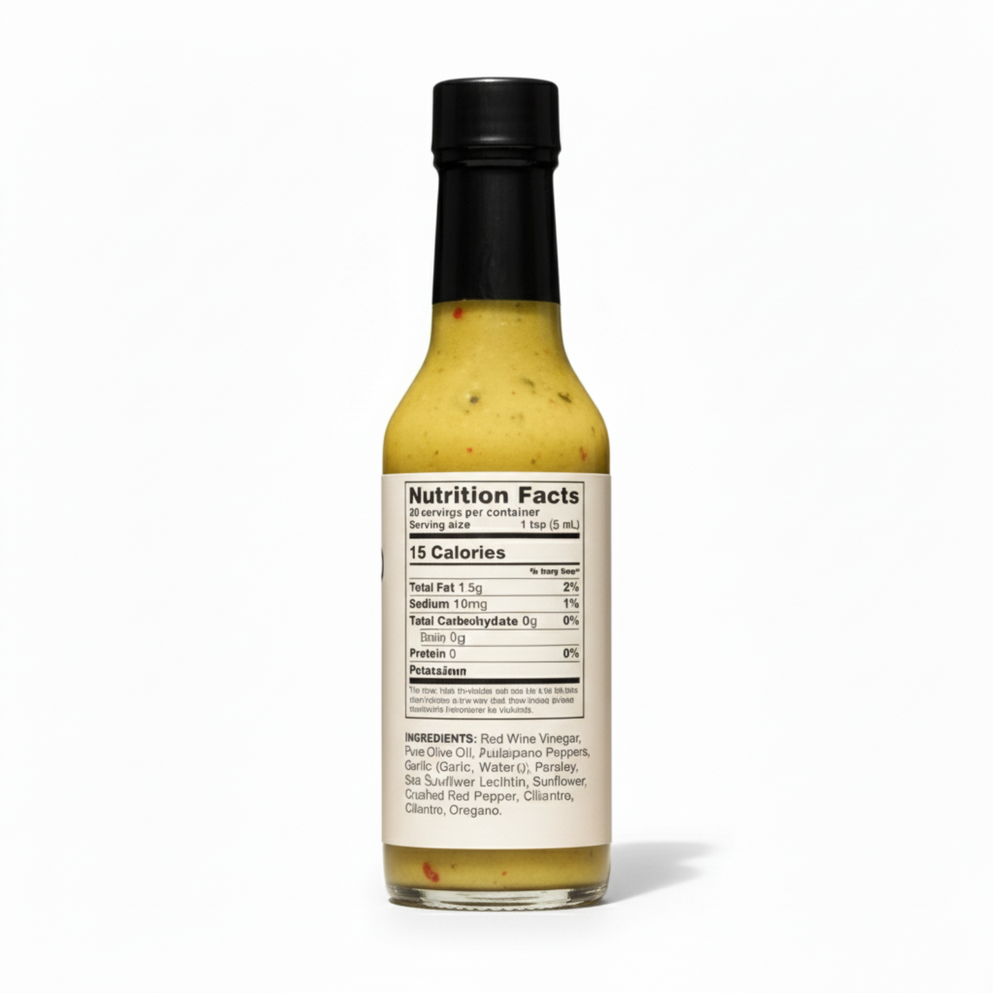 Back label of Creamy Herb & Jalapeño Hot Sauce bottle showing ingredients and nutrition facts