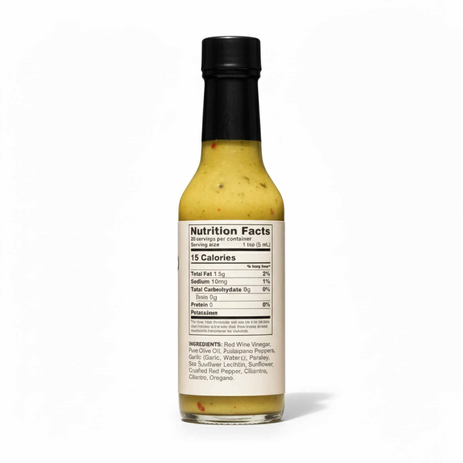 Back label of Creamy Herb & Jalapeño Hot Sauce bottle showing ingredients and nutrition facts