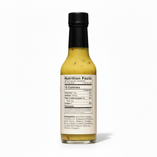 Back label of Creamy Herb & Jalapeño Hot Sauce bottle showing ingredients and nutrition facts