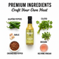 Creamy Herb & Jalapeño Hot Sauce bottle surrounded by fresh premium ingredients like jalapeno peppers, garlic, red wine vinegar, and spices used to make the sauce.