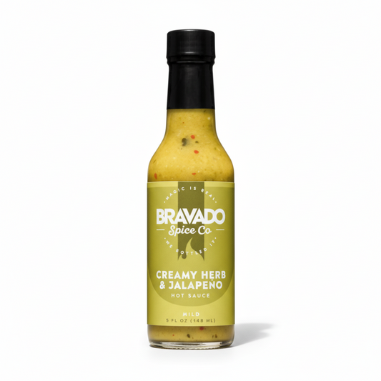 Creamy Herb & Jalapeño Hot Sauce on white background