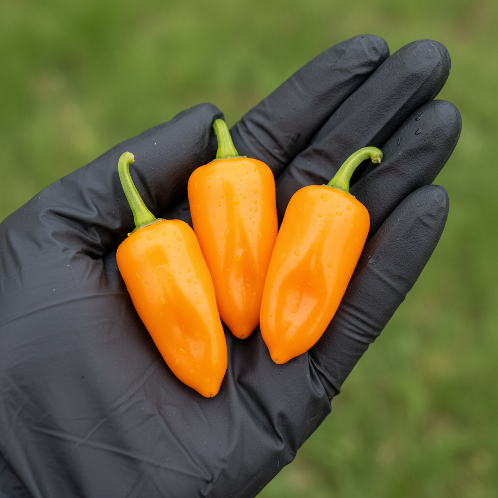 Datil pepper - three yellow peppers in black gloved hand used to display pepper seeds for sale