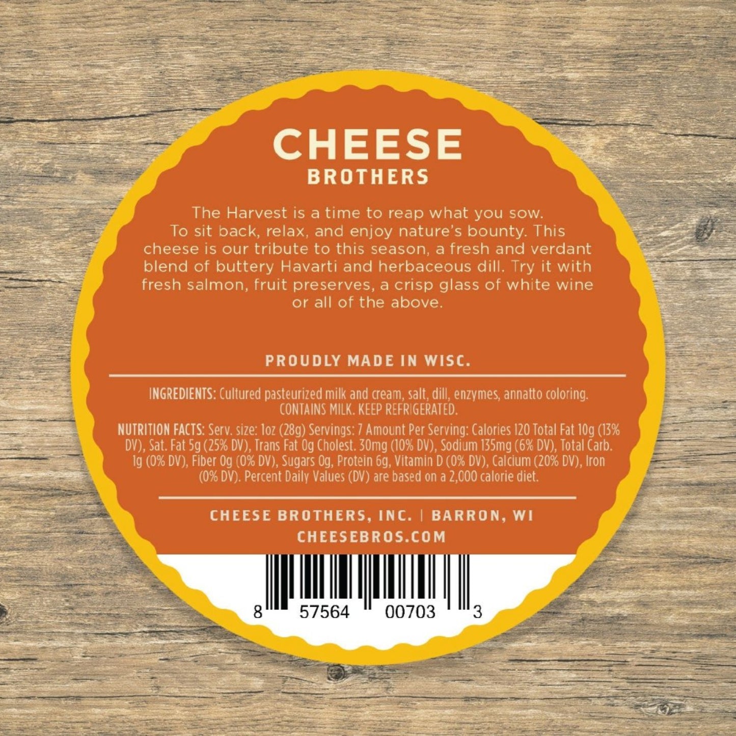 Dill Havarti cheese product label with ingredients and nutrition facts displayed over wood background
