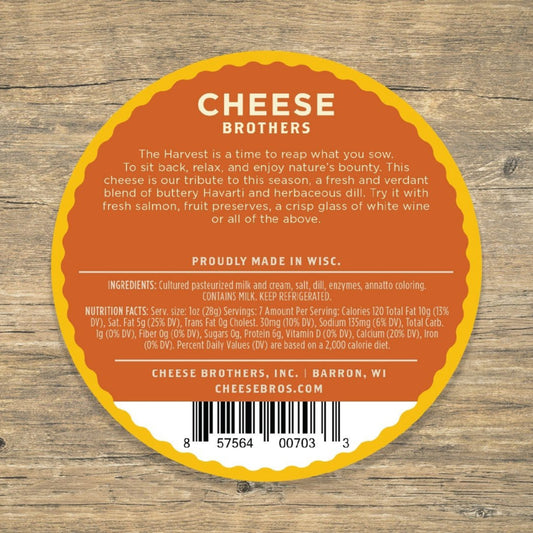 Dill Havarti cheese product label with ingredients and nutrition facts displayed over wood background