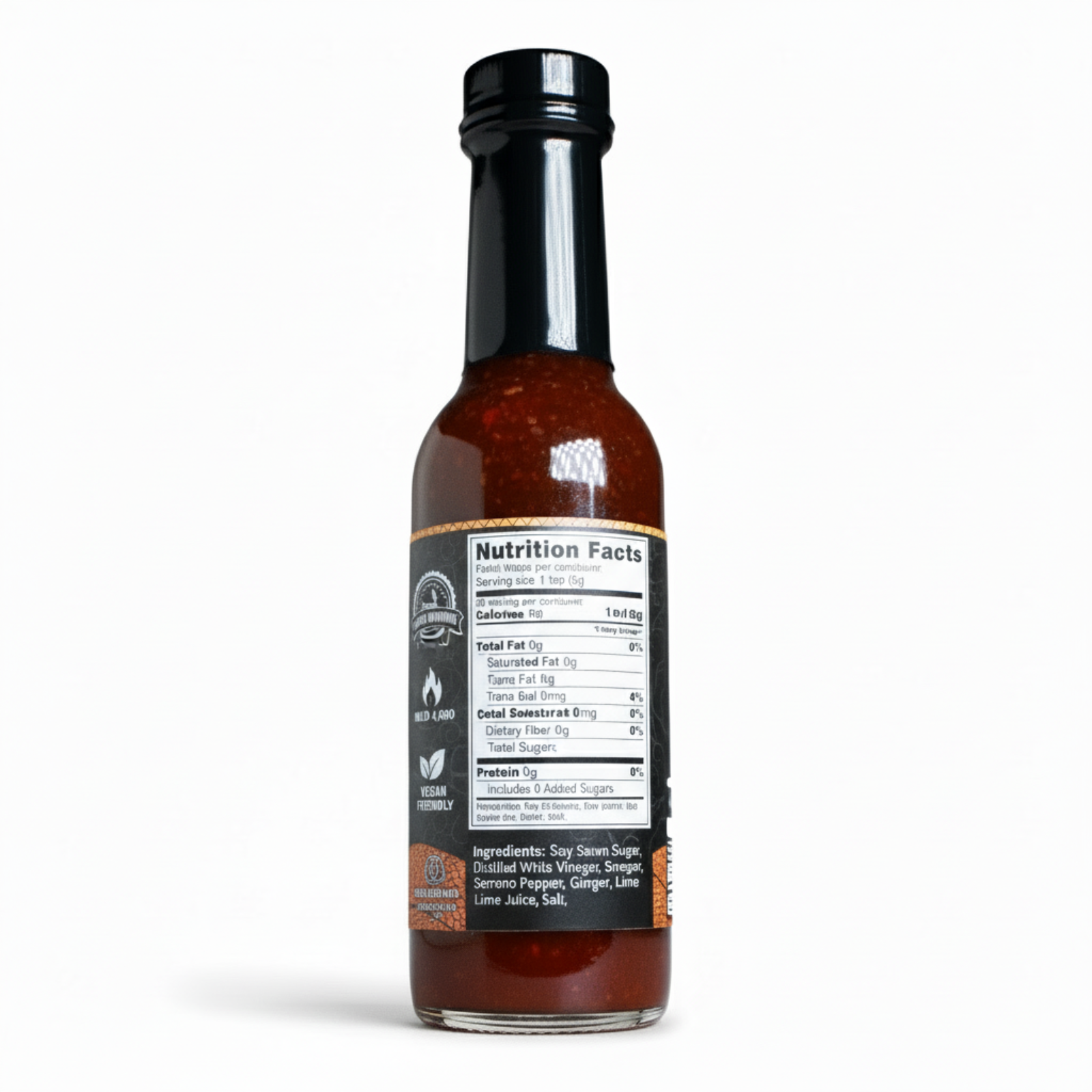 Back label of Dragon's Breath Marinade Hot Sauce bottle showing ingredients and nutrition facts