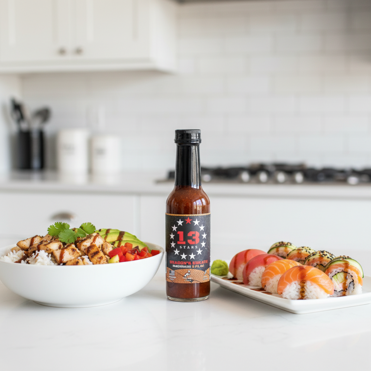 Dragon's Breath Marinade Hot Sauce bottle on a white kitchen counter beside a rice bowl and a plate of sushi drizzled with spicy hot sauce.