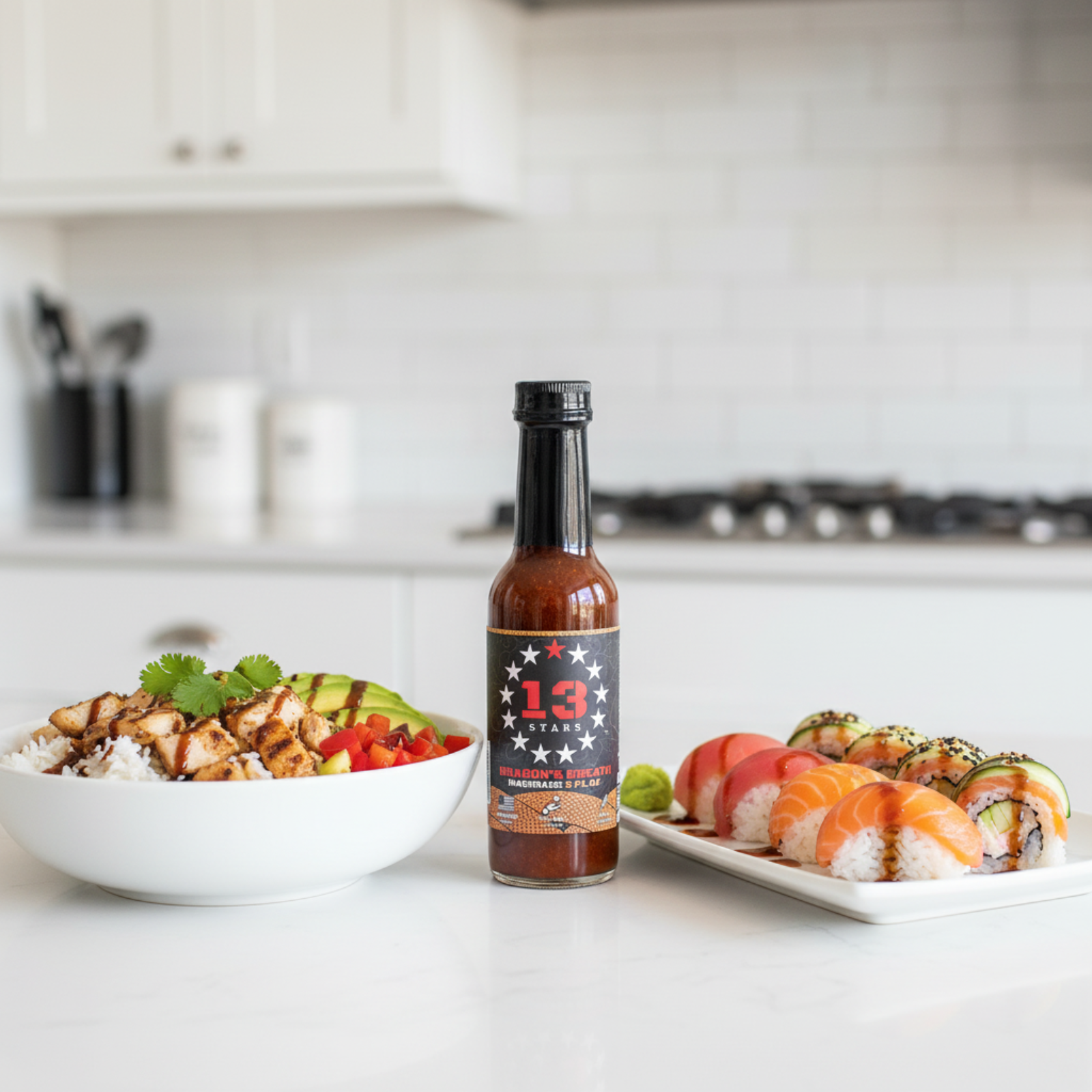 Dragon's Breath Marinade Hot Sauce bottle on a white kitchen counter beside a rice bowl and a plate of sushi drizzled with spicy hot sauce.