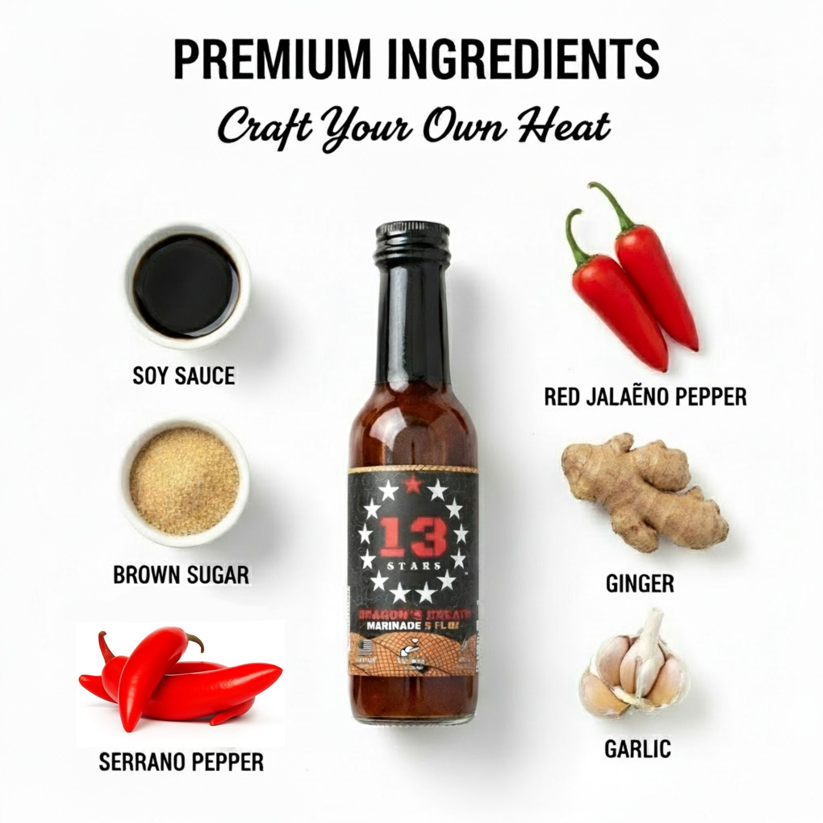 Dragon's Breath Marinade Hot Sauce bottle surrounded by fresh premium ingredients like red jalapeno peppers, serrano peppers, soy sauce, ginger, and spices used to make the sauce.