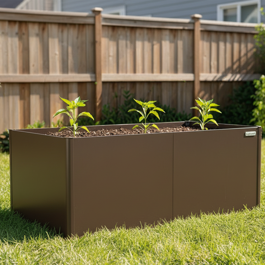 Brown metal planter box with young pepper plants on a grassy area in a backyard.