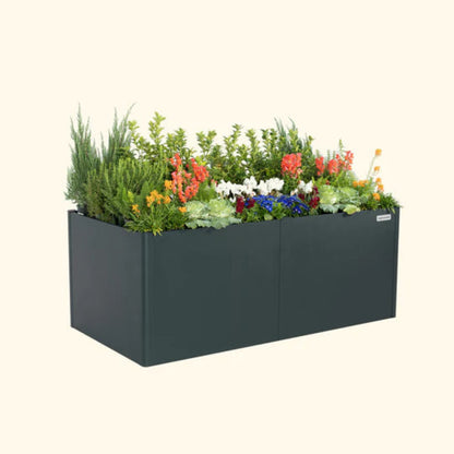 Umber Brown extra tall metal raised garden bed with colorful flowers and plants on a white background.