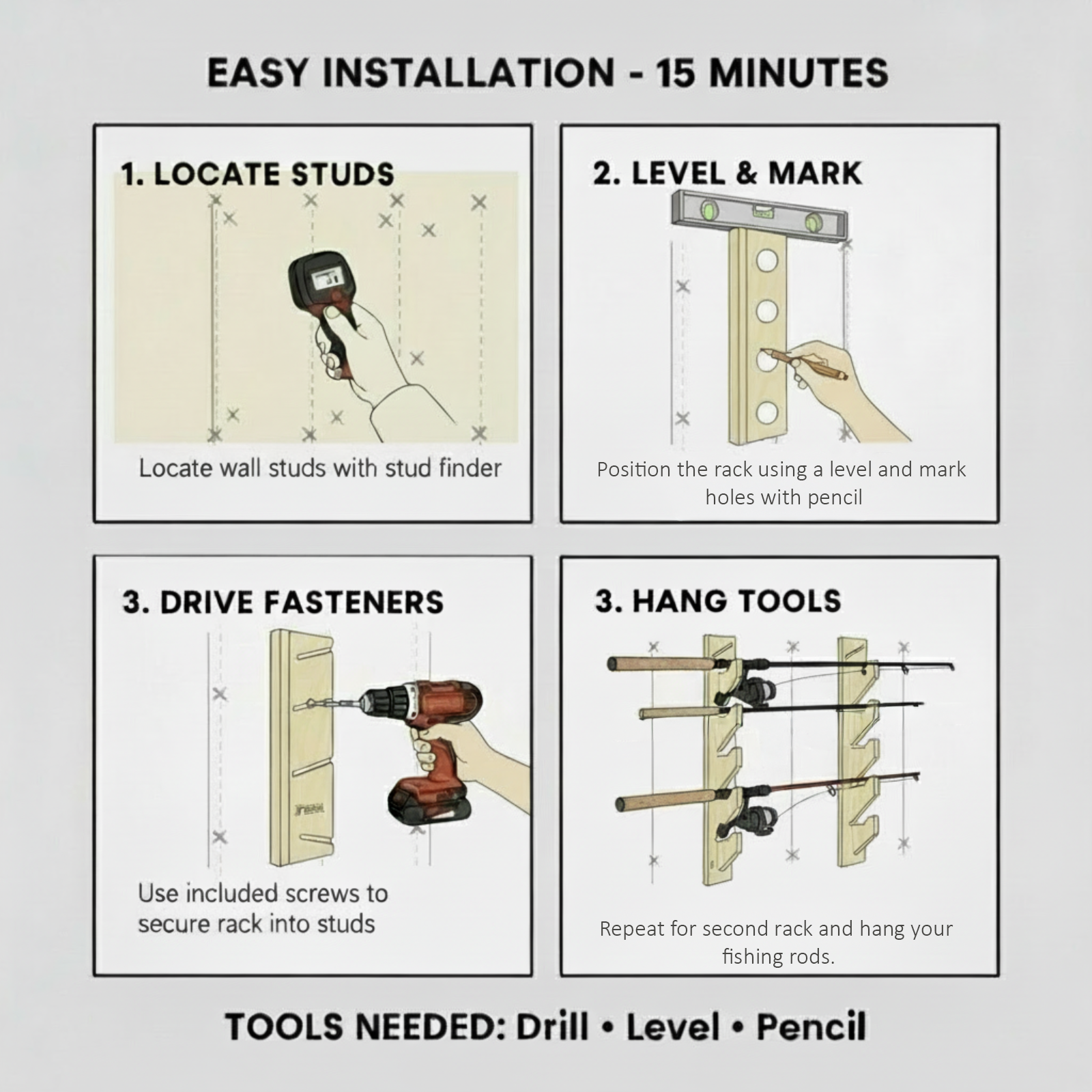 Fishing Rod rack installation guide showing four steps: locate studs, level and mark holes, drive fasteners, repeat for second rack and hang fishing rods, with required tools listed as drill, level, and pencil.