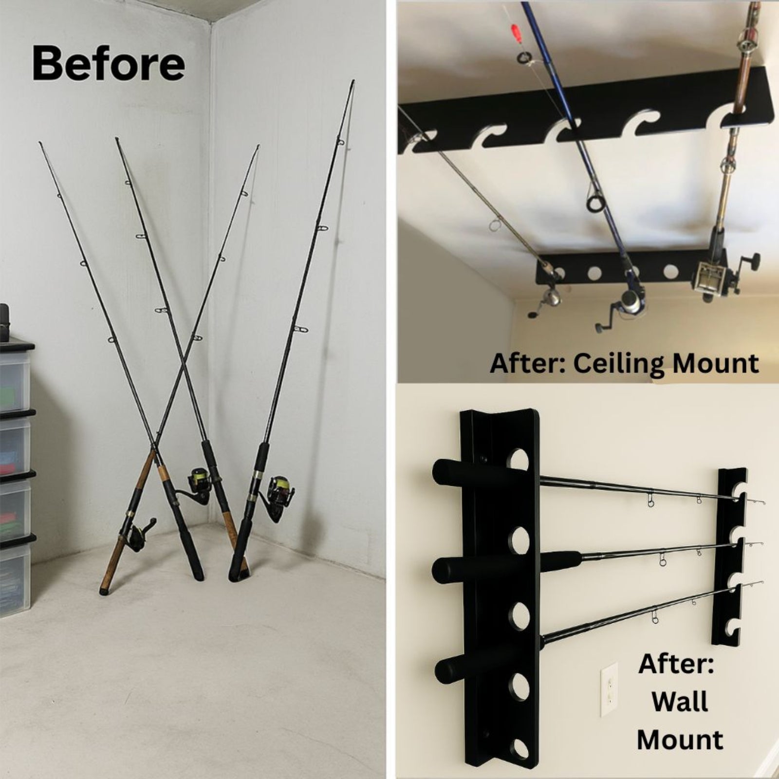 Before and after comparison showing loose fishing poles cluttering the garage floor versus neatly organized on the flush-mounted fishing rod rack shown installed on both the ceiling and wall. 