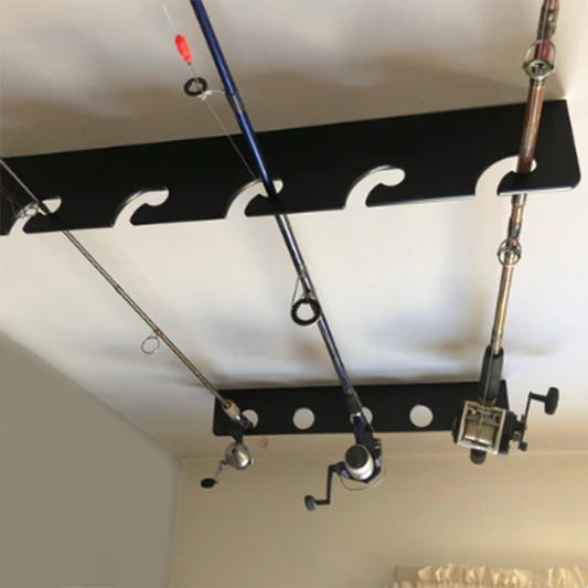 Ceiling-mounted fishing rod racks with multiple rods on a white ceiling.