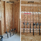 Before and after comparison showing fishing rods leaning against the inside of an unfinished shed versus in the after the fishing rods neatly organized on the stud-mounted fishing rod organizer installed on the ceiling.