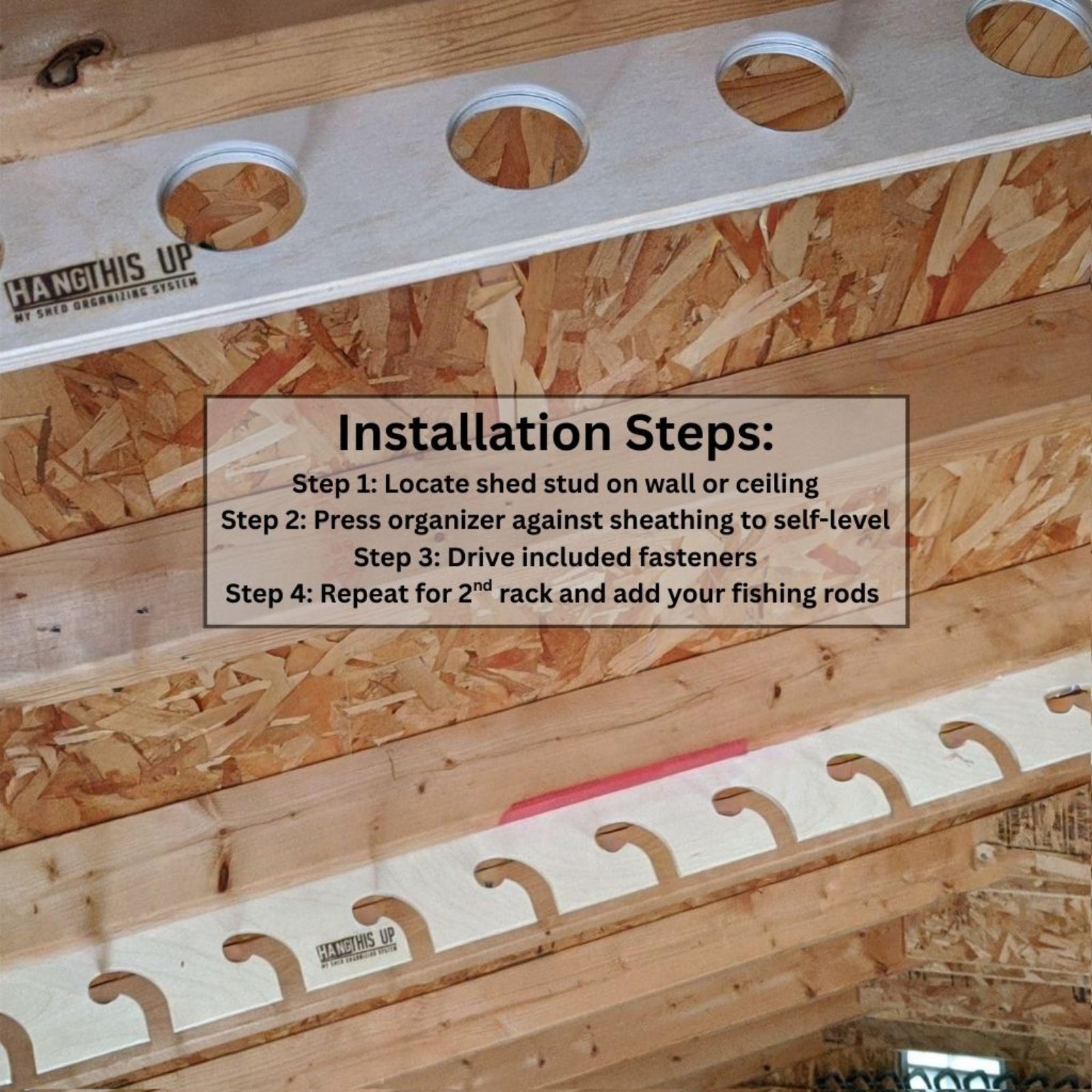Installation guide for the stud-mounted fishing rod rack  organizer showing four steps: locate studs, position organizer, drive fasteners, repeat for second rack, and add your fishing rods.