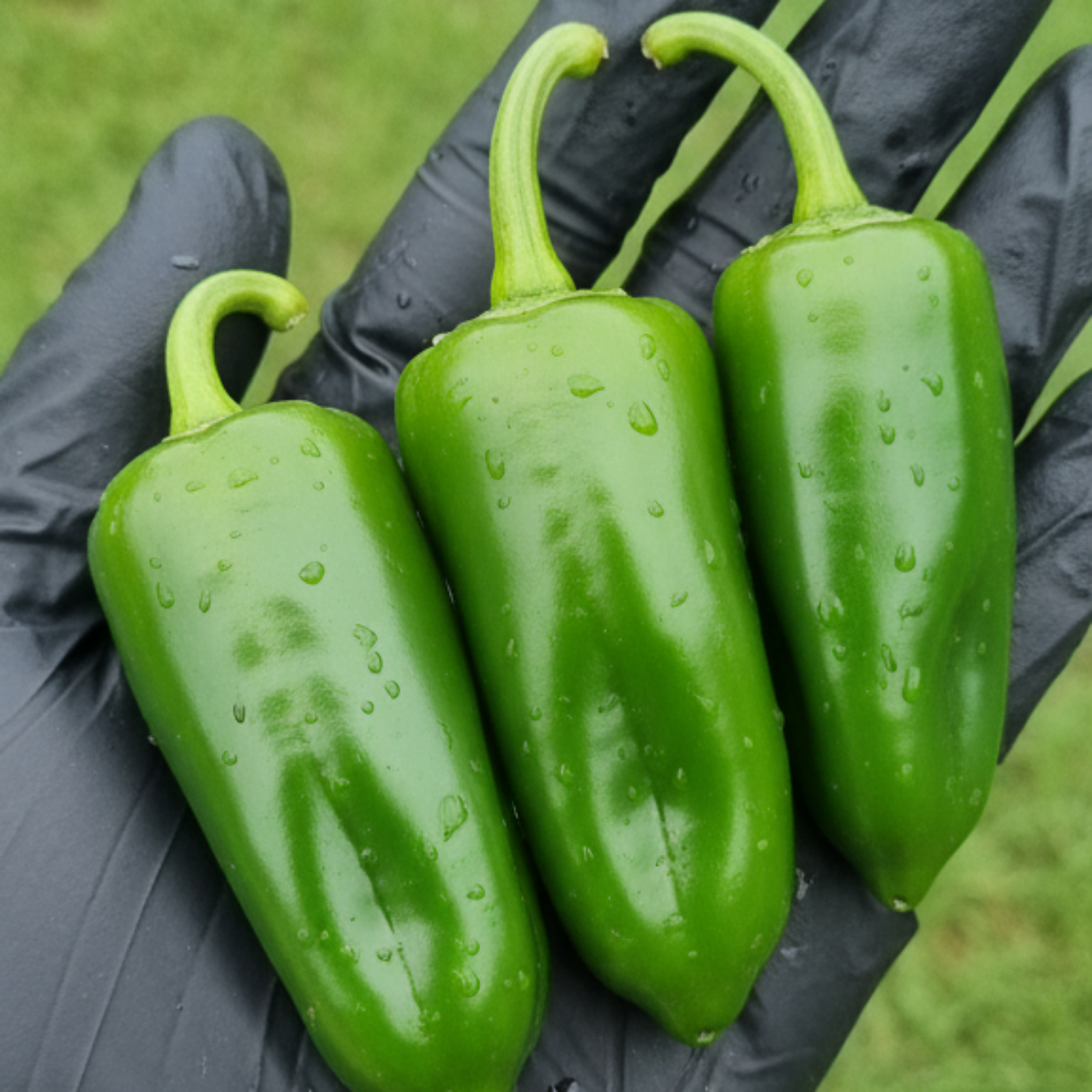 Fooled You Jalapeno product photo - three peppers in black latex gloved hand used to display pepper seeds for sale
