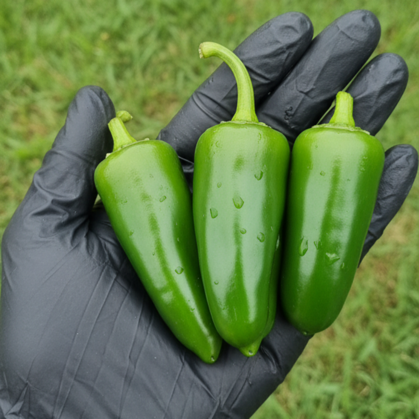 Fooled You Jalapeno - three peppers in black latex gloved hand outside, used to display pepper seeds for sale