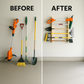 Before and after comparison showing loose garden tools cluttering the garage floor versus neatly organized on the flush-mounted garden tool rack.