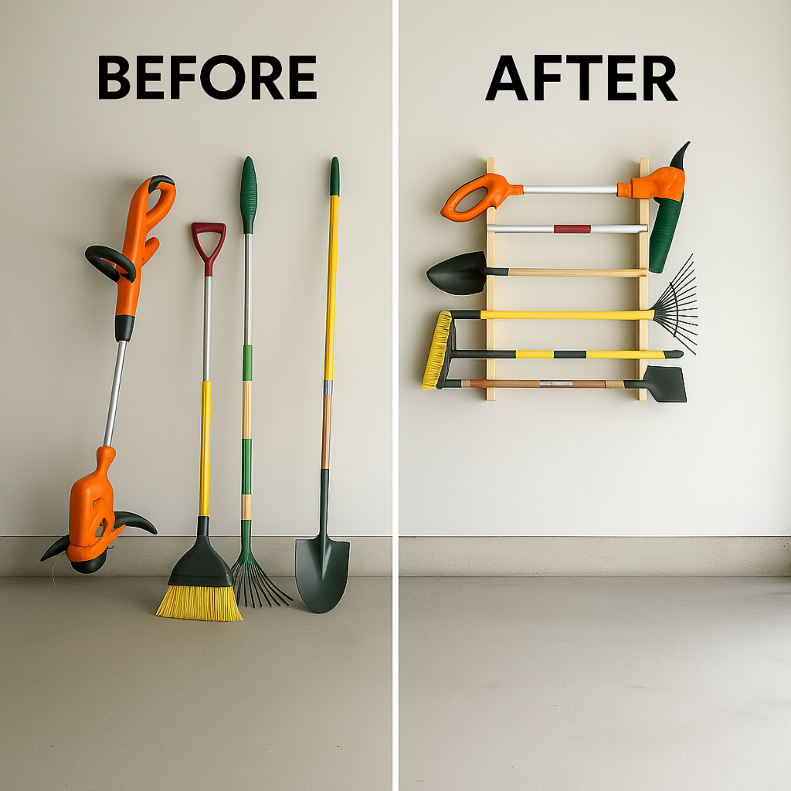 Before and after comparison showing loose garden tools cluttering the garage floor versus neatly organized on the flush-mounted garden tool rack.