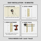 Garden tool rack installation guide showing four steps: locate studs with a stud finder, level and mark predrilled holes, drive fasteners, repeat for second rack and hang tools, with required tools listed as drill, level, and pencil.