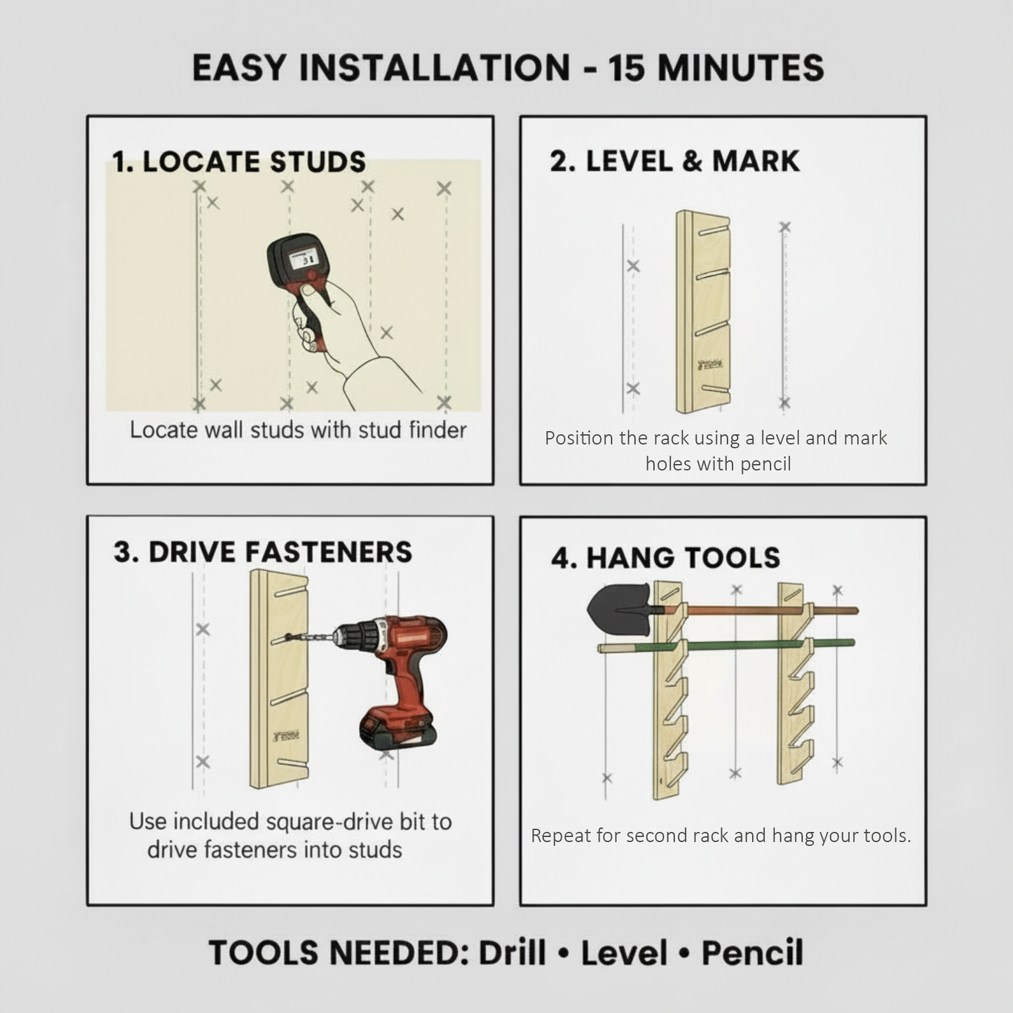 Garden tool rack installation guide showing four steps: locate studs with a stud finder, level and mark predrilled holes, drive fasteners, repeat for second rack and hang tools, with required tools listed as drill, level, and pencil.