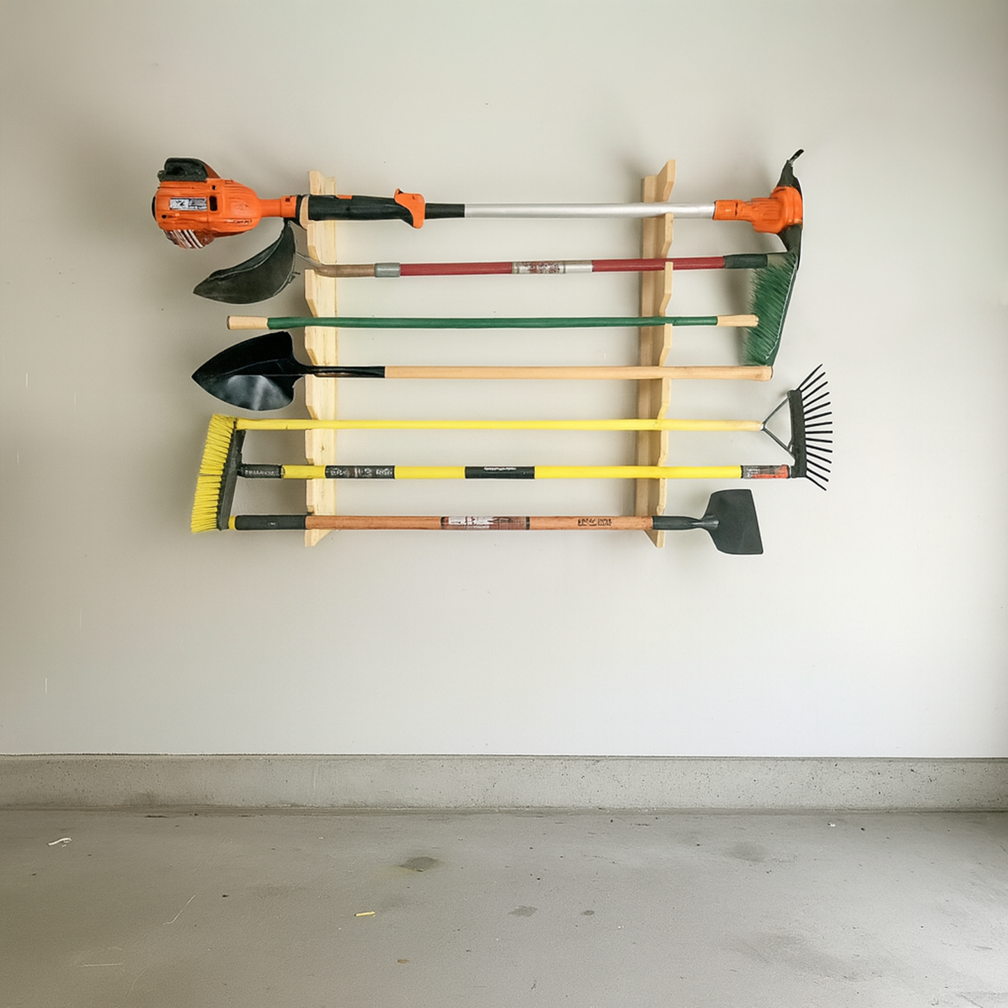 Flush-mounted garden tool rack holding a variety of yard tools including a trimmer, shovel, broom, rake, and hoe, shown installed in a clean garage.