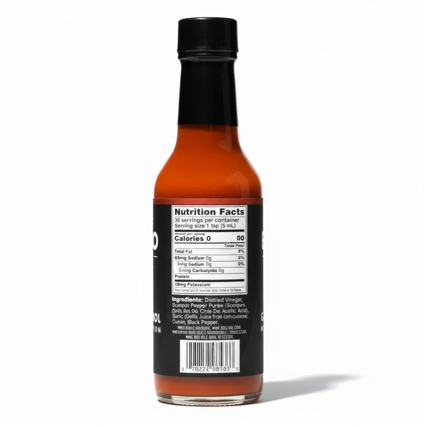 Back label of Garlic & Árbol Moruga Scorpion bottle showing ingredients and nutrition facts