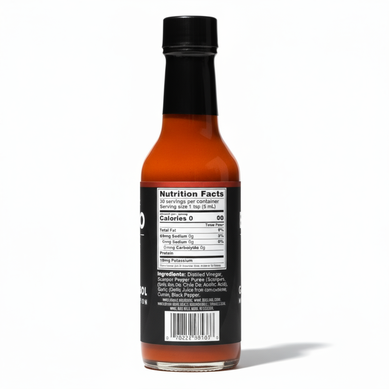 Back label of Garlic & Árbol Moruga Scorpion bottle showing ingredients and nutrition facts