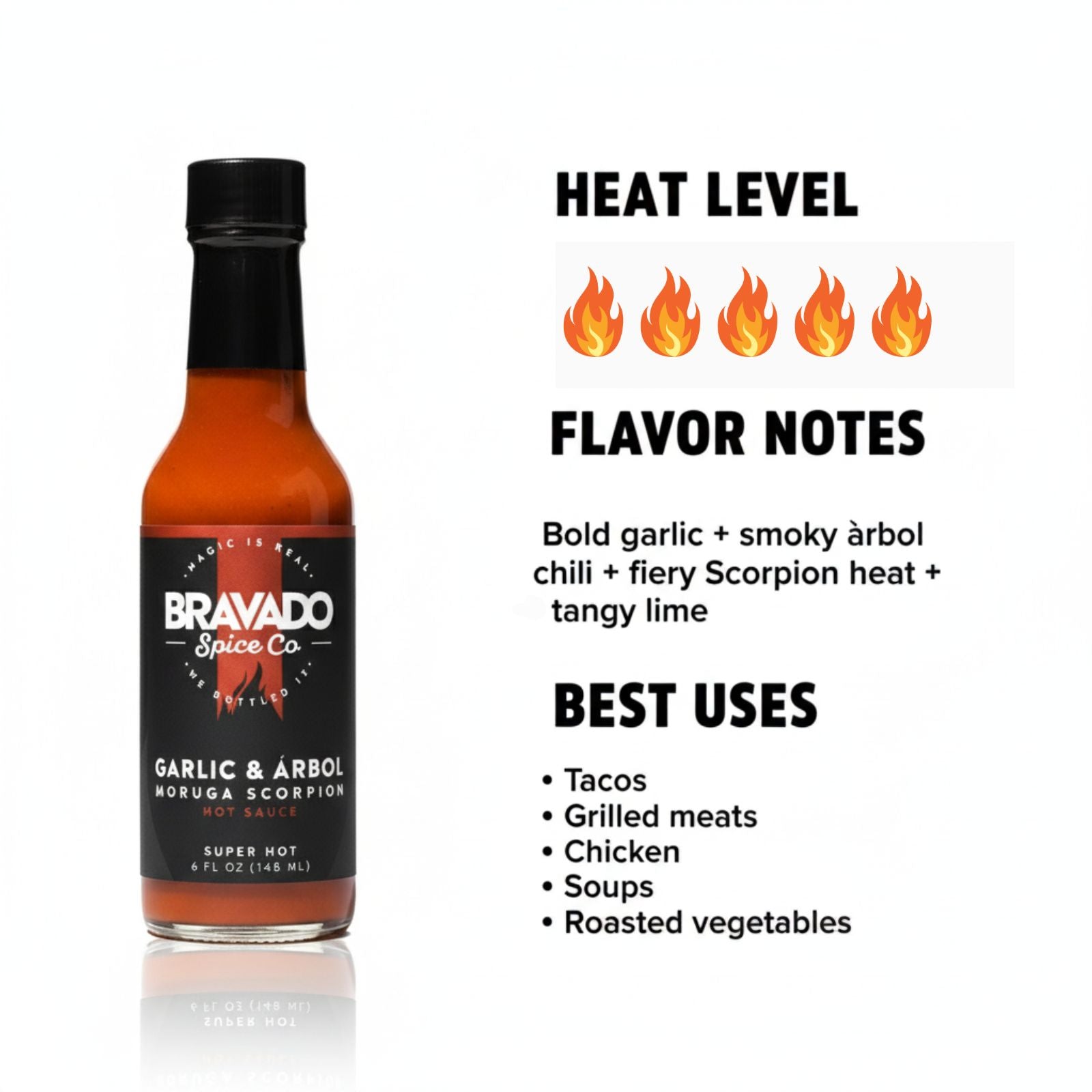 Garlic & Árbol Moruga Scorpion Hot Sauce heat and flavor infographic showing heat level 5 of 5 with bold garlic, smoky arbol chili, fiery Scorpion heat, and tangy lime flavor notes, suggesting best uses on tacos, grilled meats, chicken, soups, and roasted vegetables.