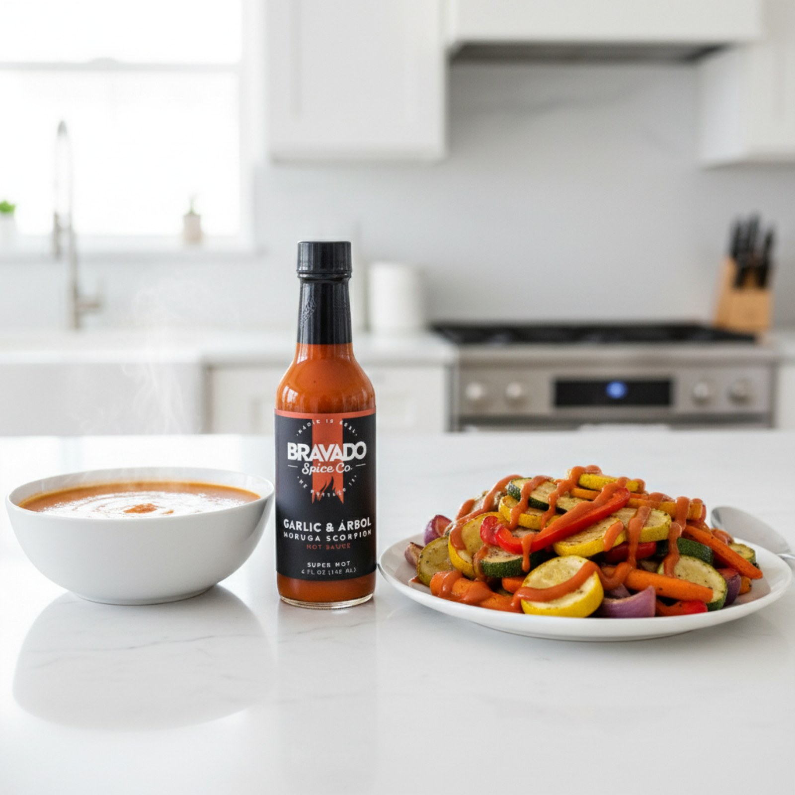 Garlic & Árbol Moruga Scorpion Hot Sauce bottle on a white kitchen counter beside a bowl of soup and a plate of grilled vegetables drizzled with hot sauce. 