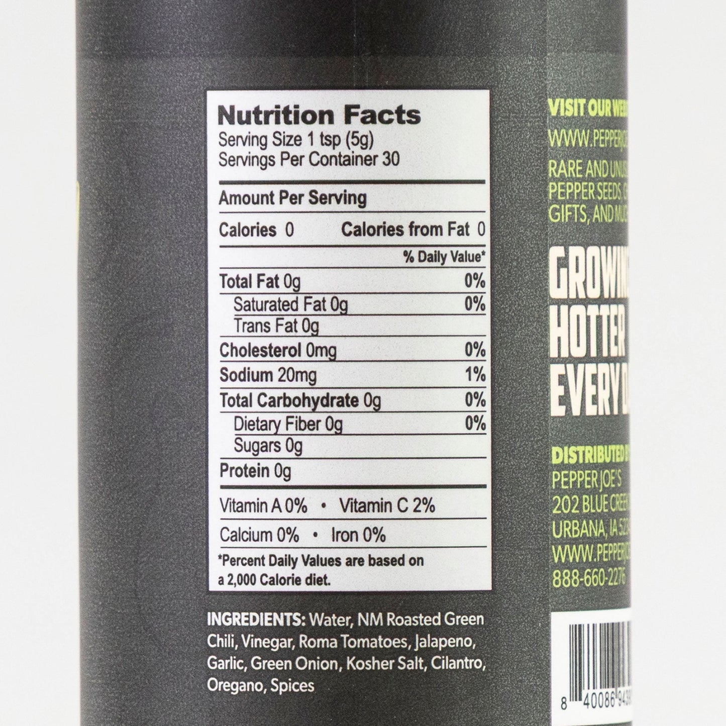 Back label of Pepper Joe's Garlic Green Chile Hot Sauce showing ingredients and nutrition facts.