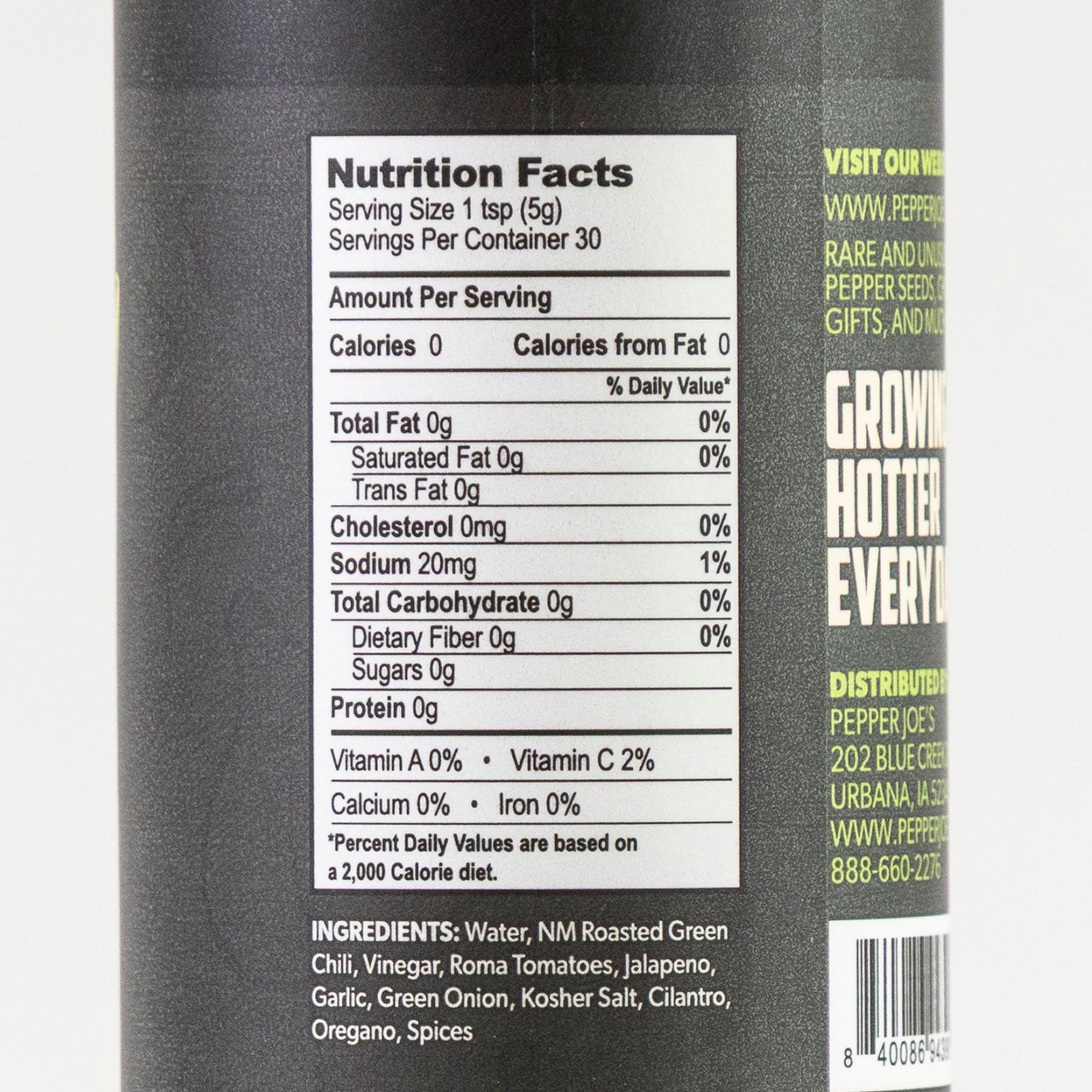 Back label of Pepper Joe's Garlic Green Chile Hot Sauce showing ingredients and nutrition facts.