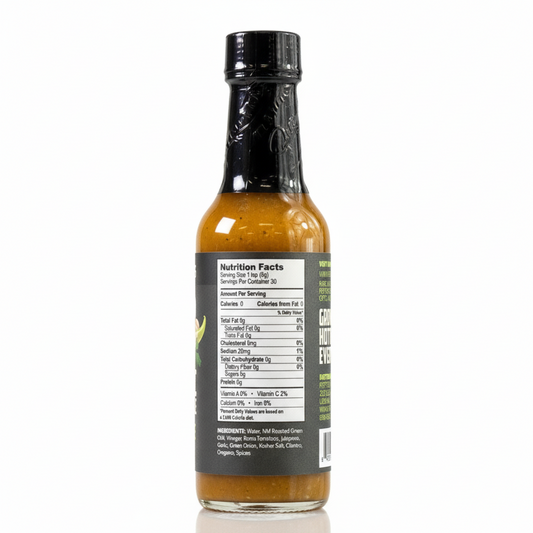 Back label of Pepper Joe's Garlic Green Chile Hot Sauce showing ingredients and nutrition facts.