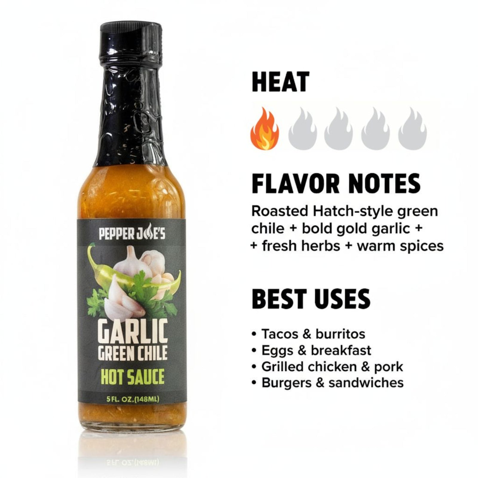 Garlic Green Chile Hot Sauce heat and flavor infographic showing heat level 1 of 5 with roasted hatch-style green chile, bold gold garlic, fresh herbs, and warm spices flavor notes, suggesting best uses on tacos, burritos, eggs, breakfast, grilled chicken and pork, burgers, and sandwiches.