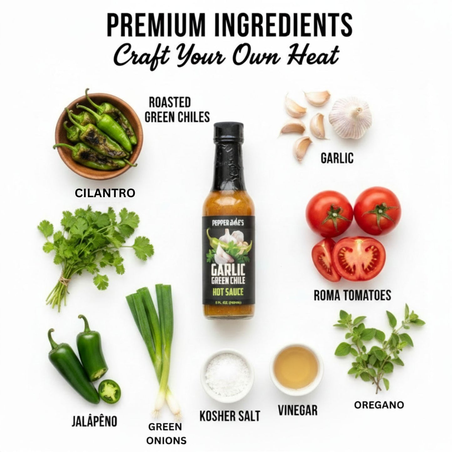 Garlic Green Chile Hot Sauce bottle surrounded by fresh premium ingredients like roasted green chiles, cilantro, jalapeno peppers, green onions, roma tomatoes and spices used to make the sauce.