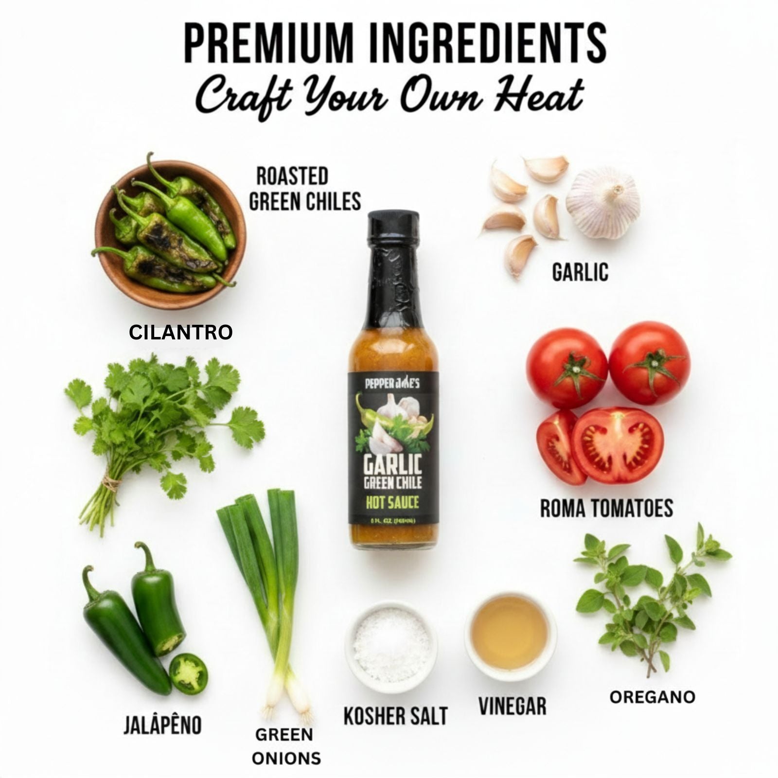 Garlic Green Chile Hot Sauce bottle surrounded by fresh premium ingredients like roasted green chiles, cilantro, jalapeno peppers, green onions, roma tomatoes and spices used to make the sauce.