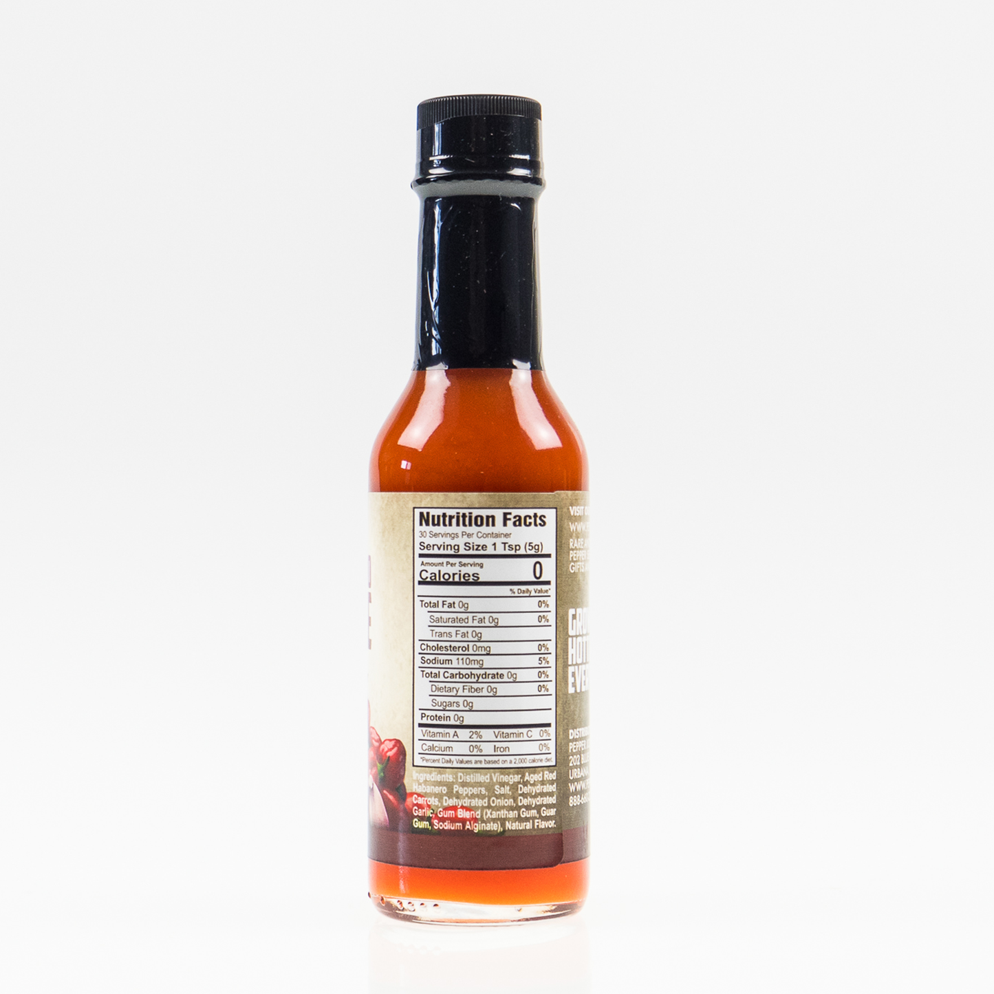 Back label of Pepper Joe's Habanero Garlic Hot Sauce bottle showing ingredients and nutrition facts