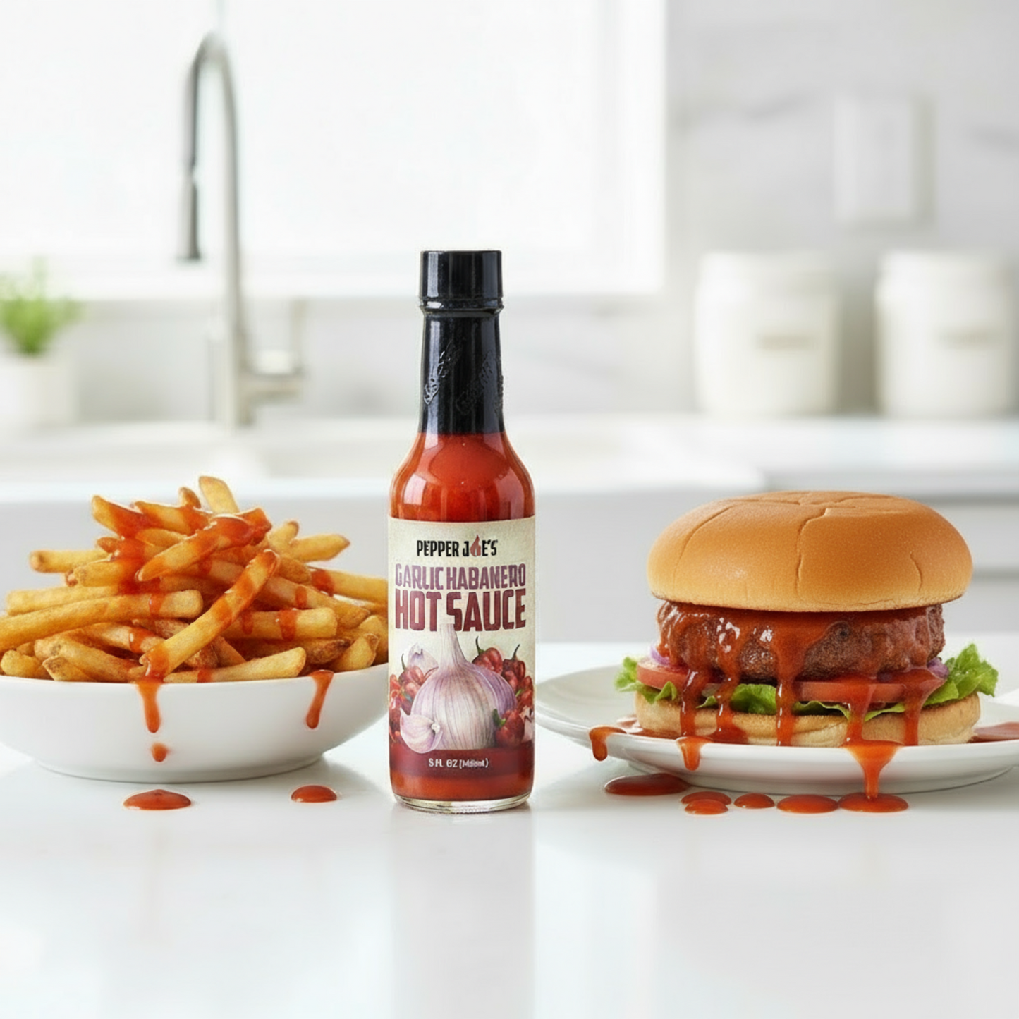 Garlic Habanero Hot Sauce bottle on a white kitchen counter beside a bowl of french fries and a plate with a hamburger drizzled with spicy hot sauce.