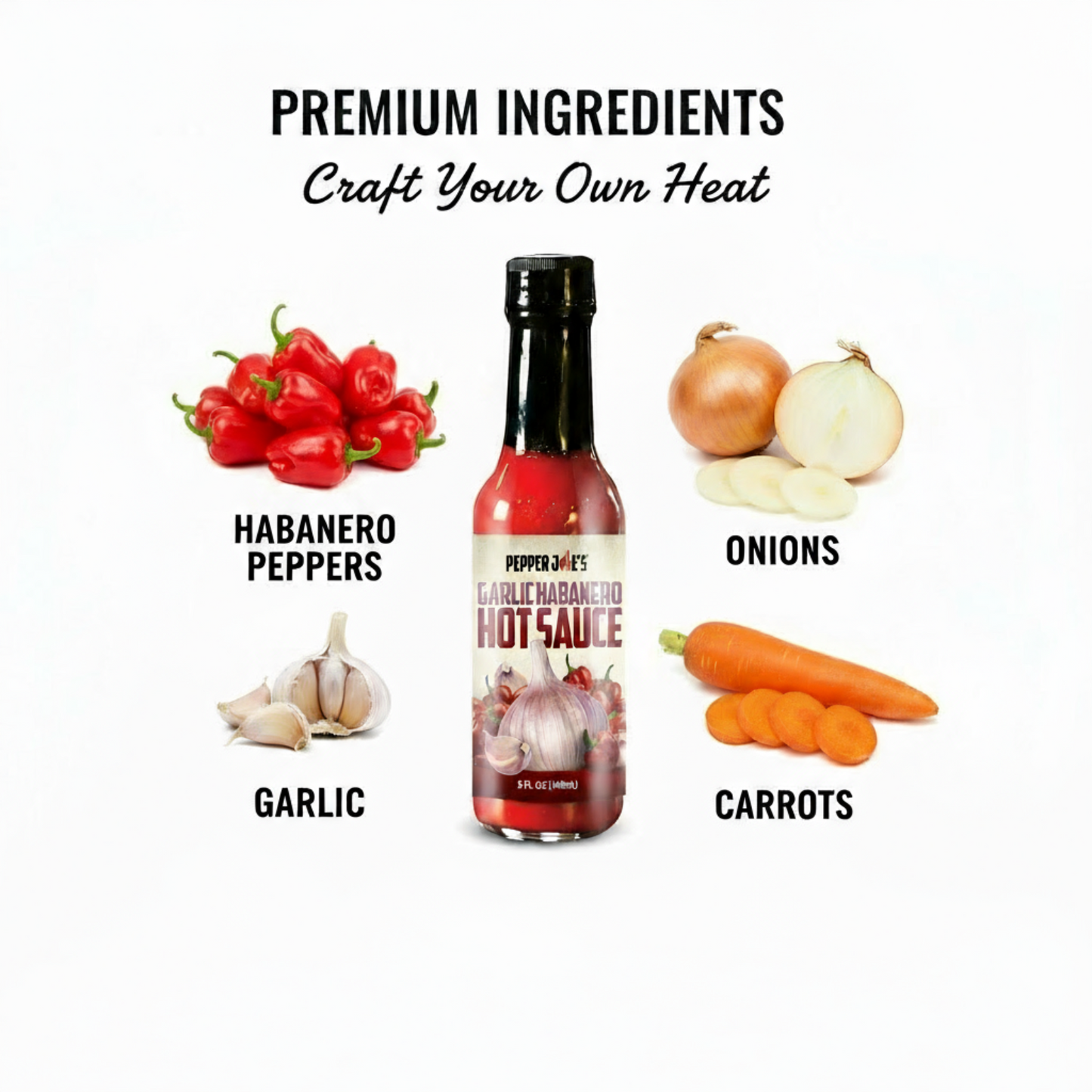 Garlic Habanero Hot Sauce bottle surrounded by fresh premium ingredients like habanero peppers, garlic, onions, and carrots used to make the sauce.