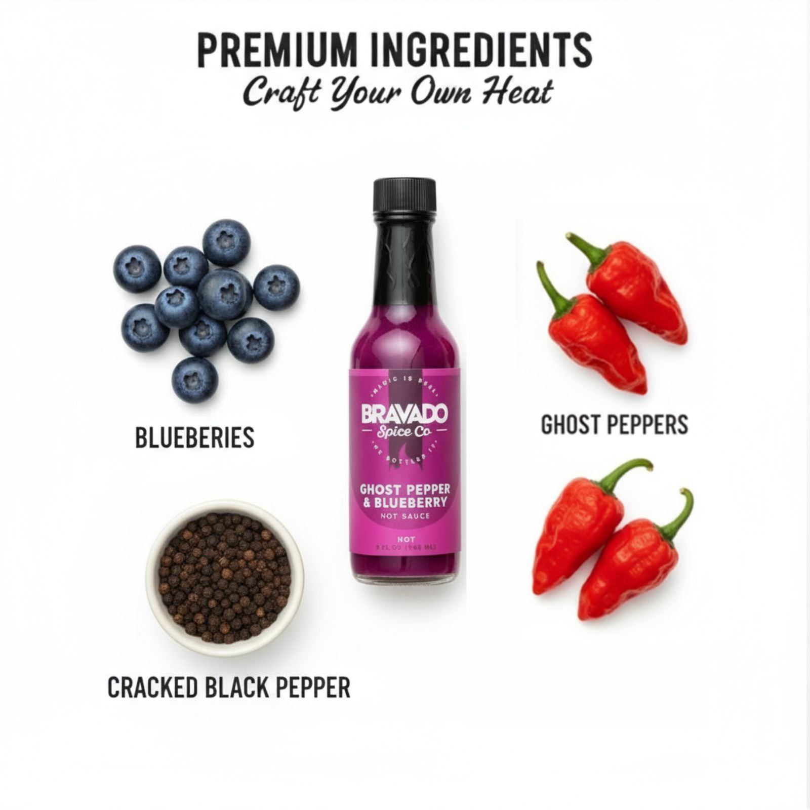 Ghost Pepper & Blueberry Hot Sauce bottle surrounded by fresh premium ingredients like blueberries, ghost peppers, and spices used to make the sauce.