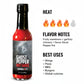 Ghost Pepper Heat and flavor infographic showing heat level 4 of 5 with fruity sweetness, garlicky richness, and fierce ghost fire flavor notes, suggesting best uses on wings, pizza, BBQ, burgers, and global cuisines.