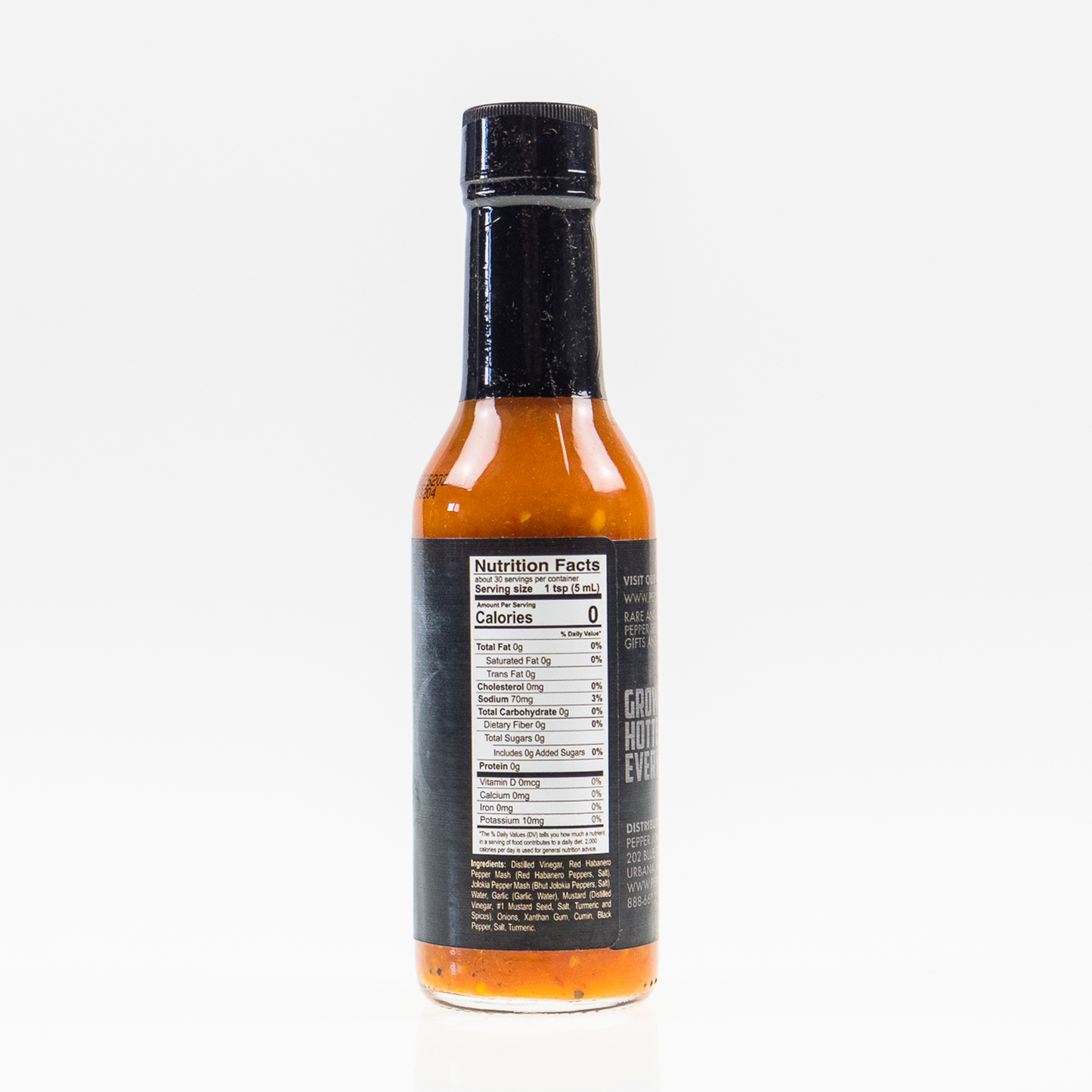 Back label of Ghost Pepper Hot Sauce bottle showing ingredients and nutrition facts