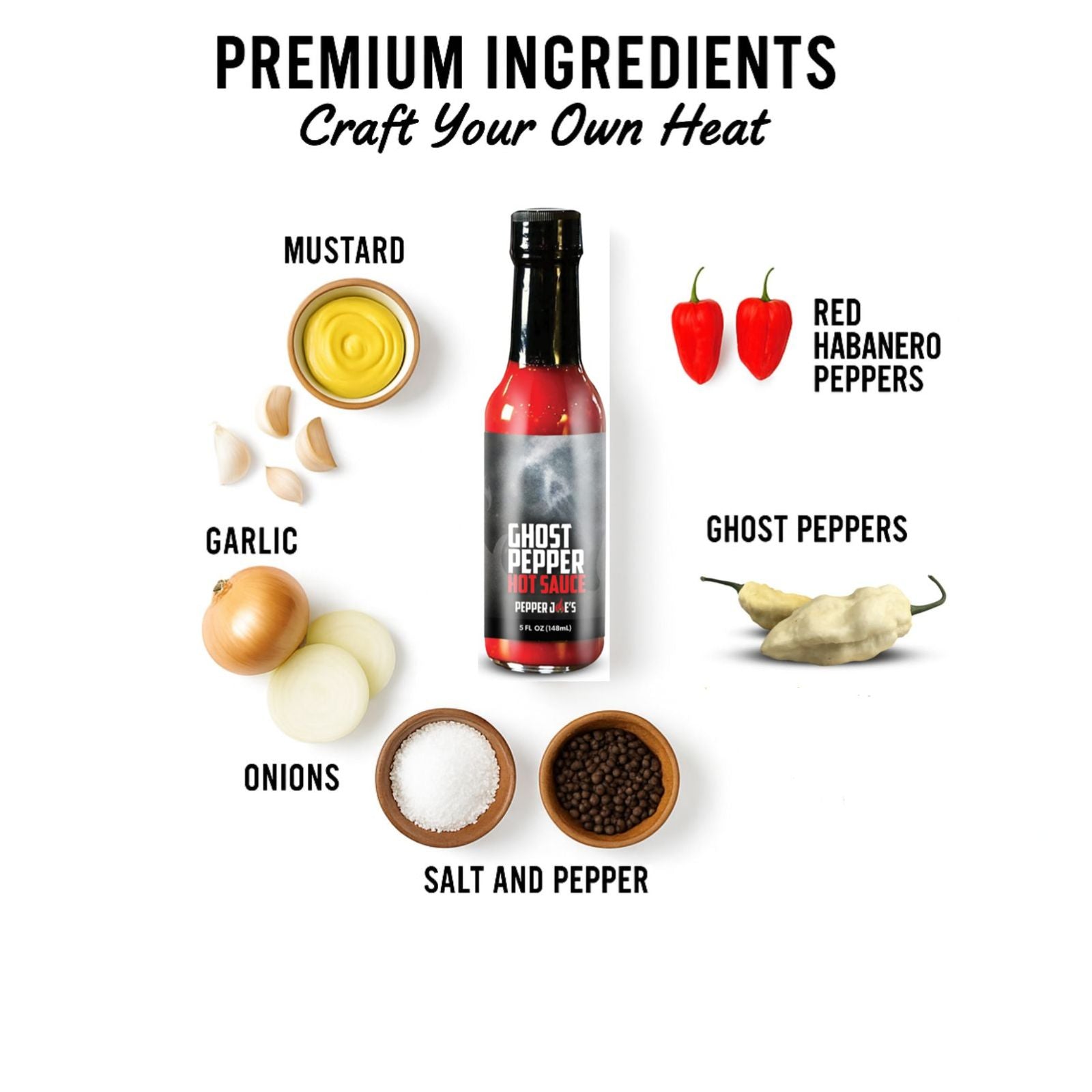 Ghost Pepper Hot Sauce bottle surrounded by fresh premium ingredients like mustard, garlic, red habanero peppers, ghost peppers, and spices used to make the sauce.