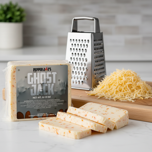 pepper joes spicy Ghost Pepper Jack cheese label in foreground with grating scene 