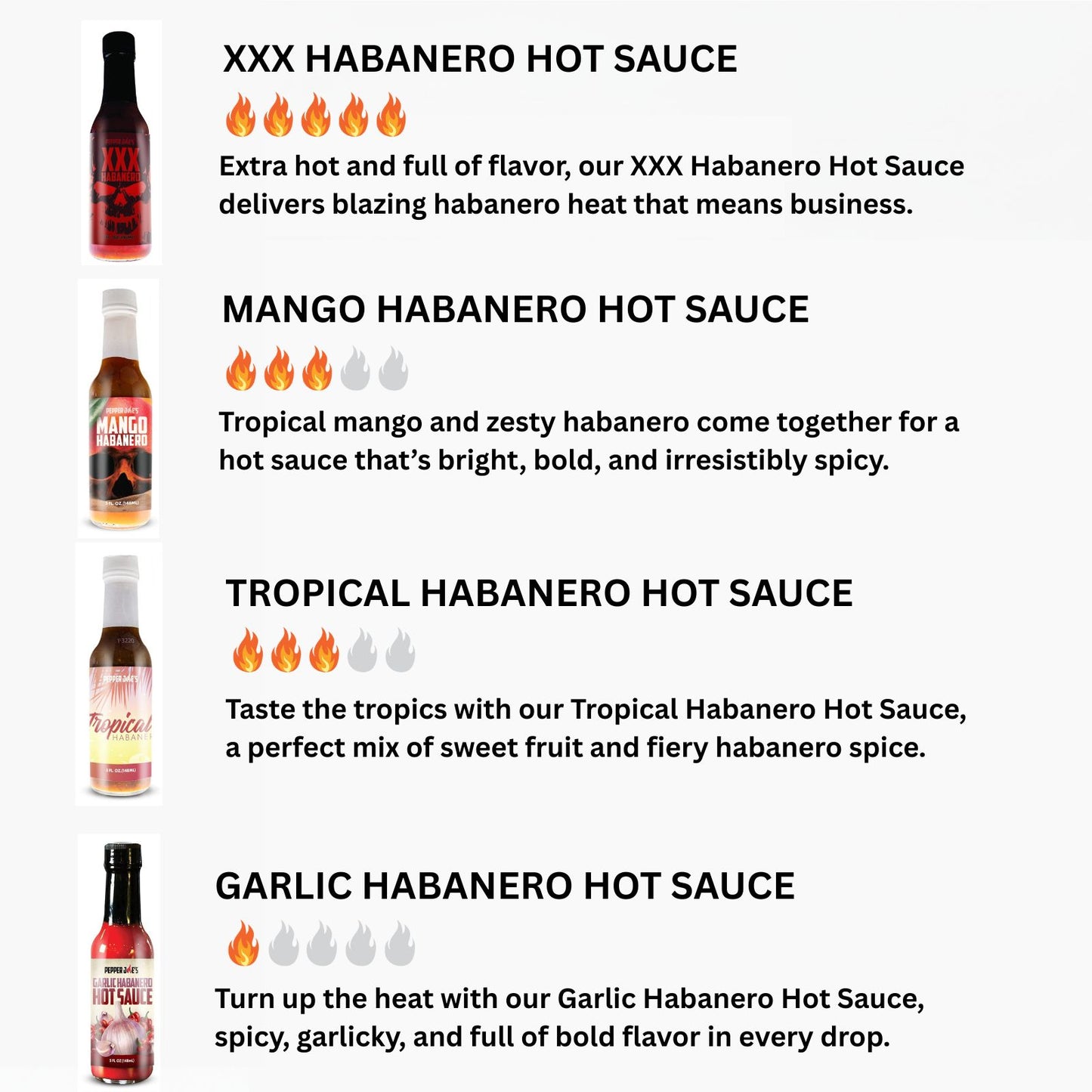 Pepper Joe's Habanero hot sauce gift box sauces that includes one bottle each of XXX Habanero, Mango Habanero, Tropical Habanero, and Garlic Habanero with descriptions beside each bottle with flavor notes and indicating a value out of 5 for heat level for all four sauces.