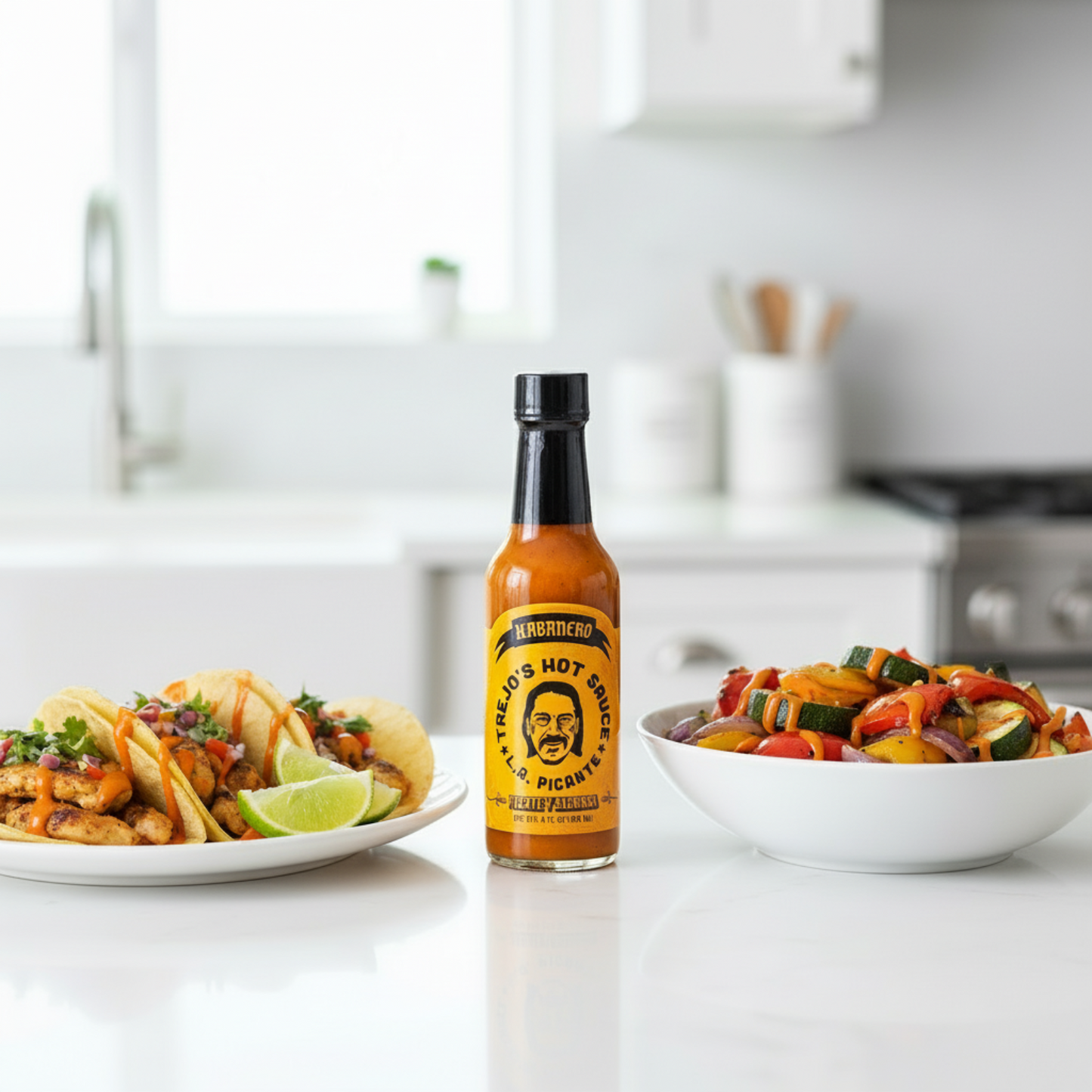 Habanero Hot Sauce bottle on a white kitchen counter beside a bowl of grilled vegetables and a plate of tacos  drizzled with spicy hot sauce.