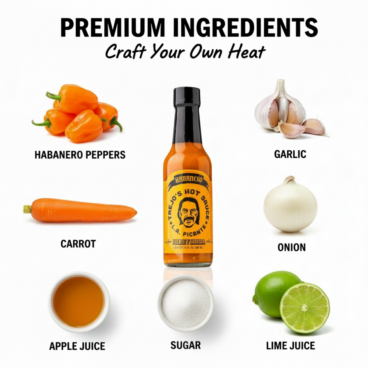 Habanero Hot Sauce bottle surrounded by fresh premium ingredients like habanero peppers, carrot, apple juice, garlic, onion, and spices used to make the sauce.