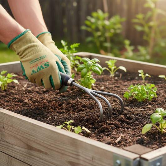 Person using a hand claw cultivator to aerate soil in a raised garden bed with young plants growing
